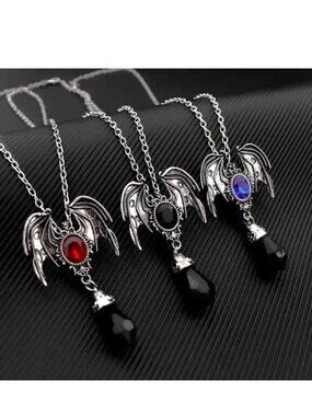 Bat Wings Crystal Necklace Pendant Silver Magic Goth Emo Scene Mythology Dangle